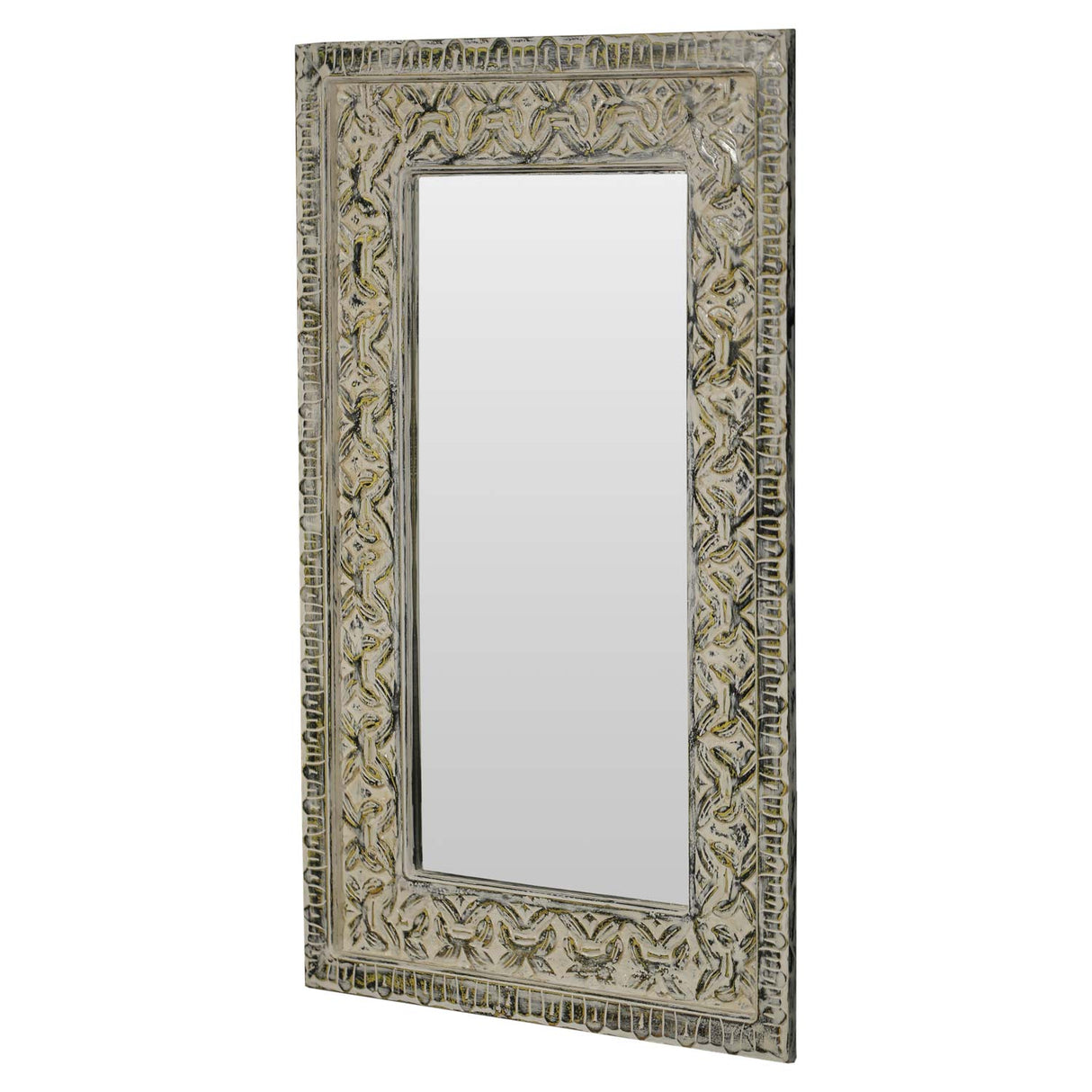 Boho Chic Hand Carved Distresed 30" x 47" Solid Wood Mirror