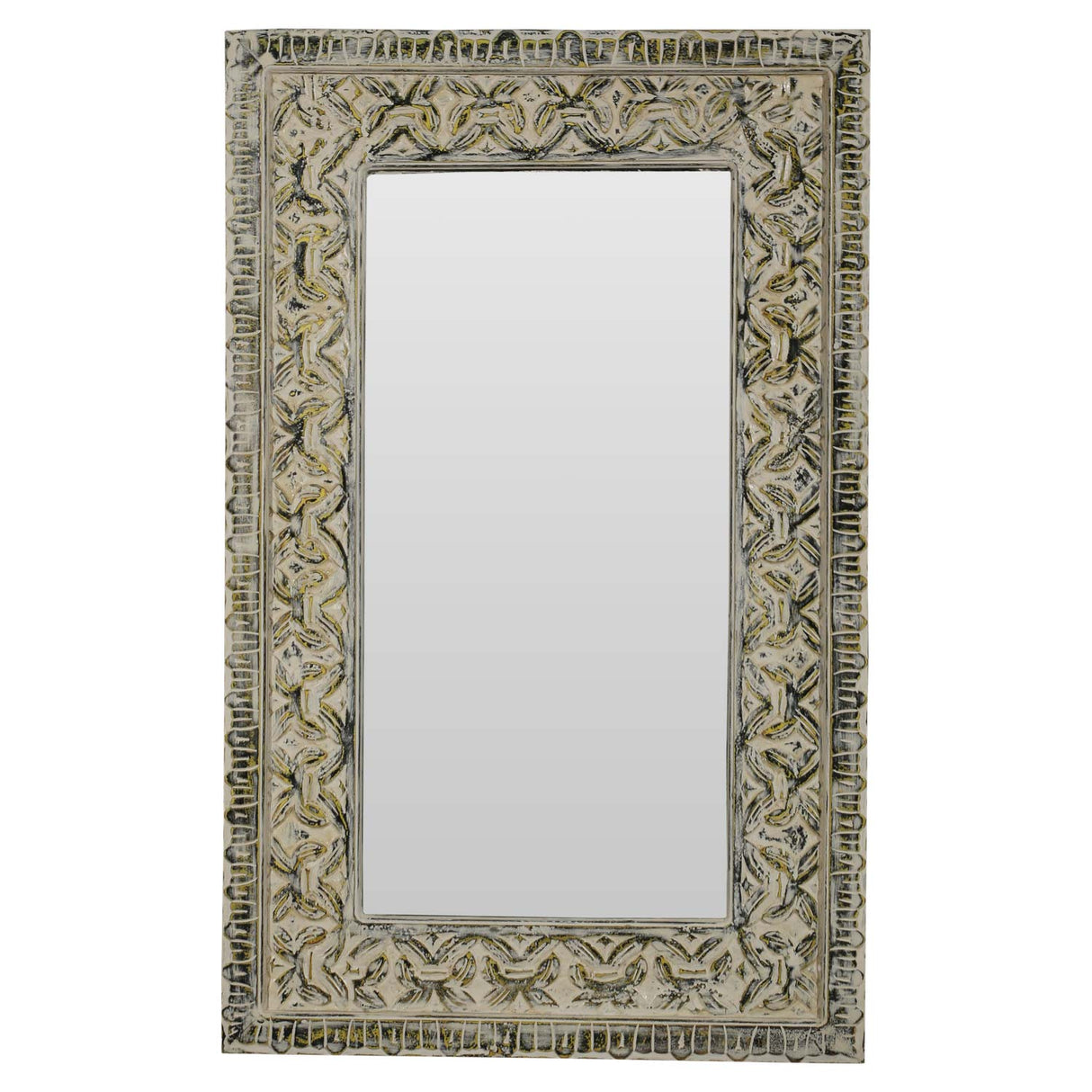 Boho Chic Hand Carved Distresed 30" x 47" Solid Wood Mirror