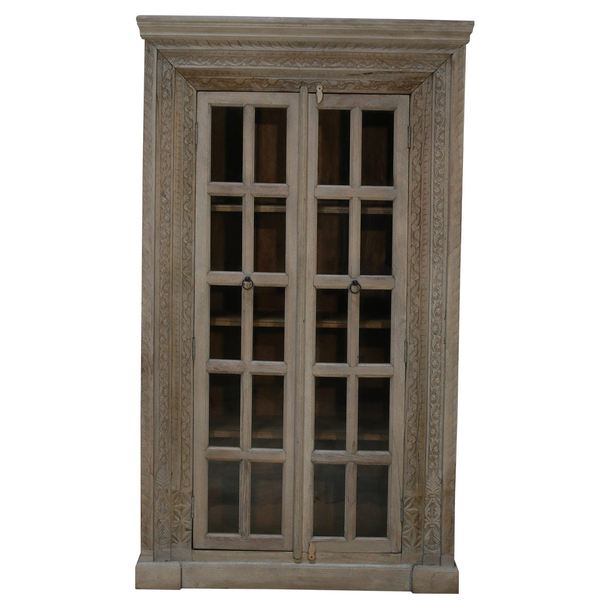 Eclectic Carved Frame Solid Wood Armoire With Glass Pane Doors