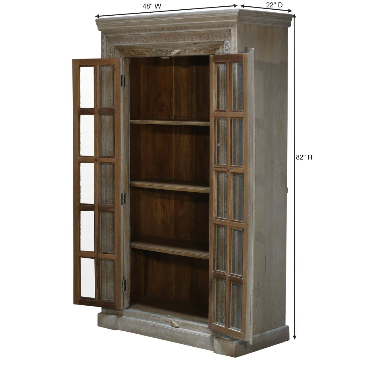 Eclectic Carved Frame Solid Wood Armoire With Glass Pane Doors