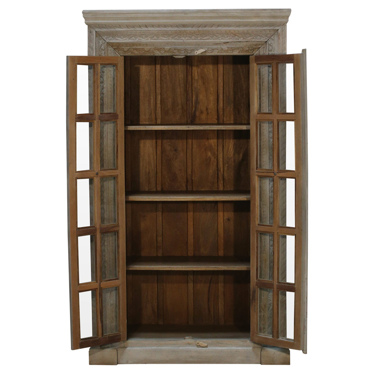 Eclectic Carved Frame Solid Wood Armoire With Glass Pane Doors