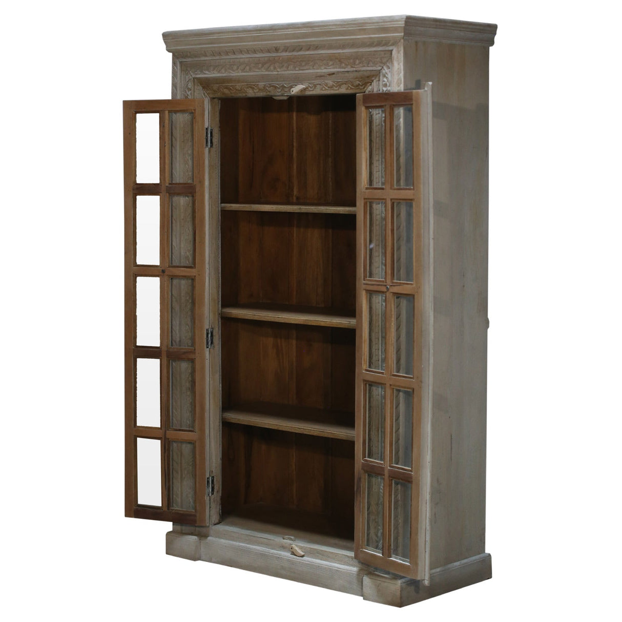 Eclectic Carved Frame Solid Wood Armoire With Glass Pane Doors