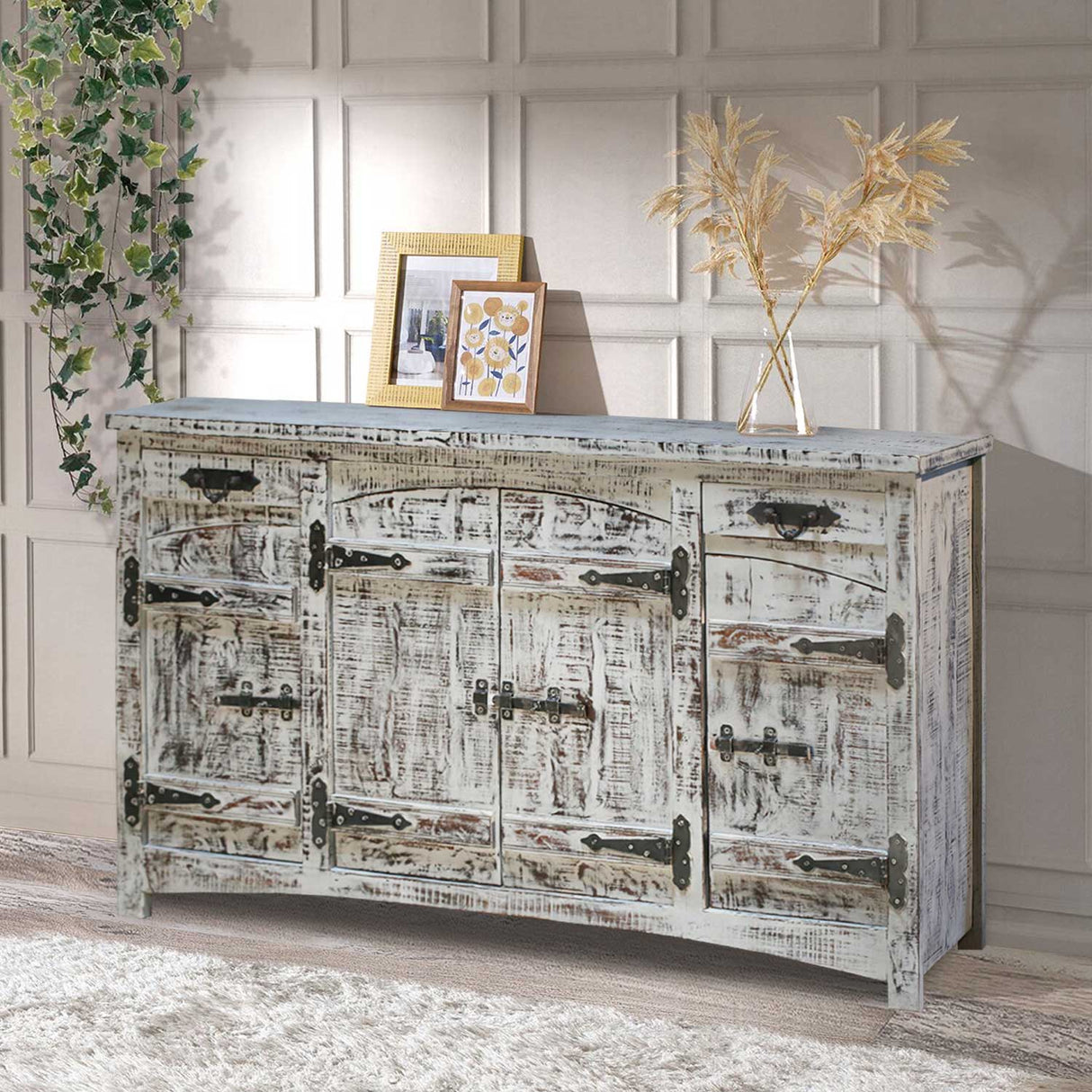 Industrial Solid Wood Credenza With Decorative Iron Hinges