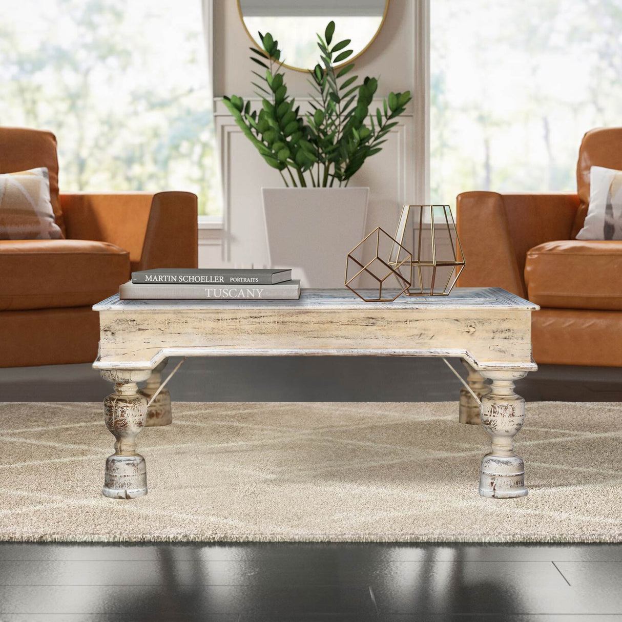 Antique Teak Wood Door Repurposed 43" Square Distressed White Coffee Table