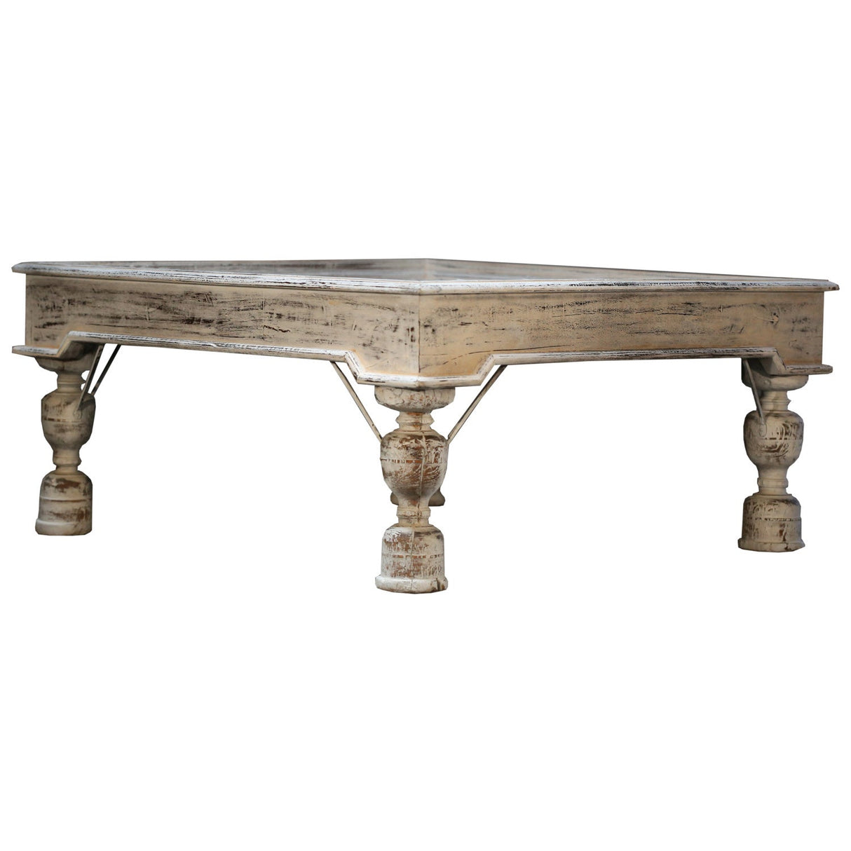 Antique Teak Wood Door Repurposed 43" Square Distressed White Coffee Table