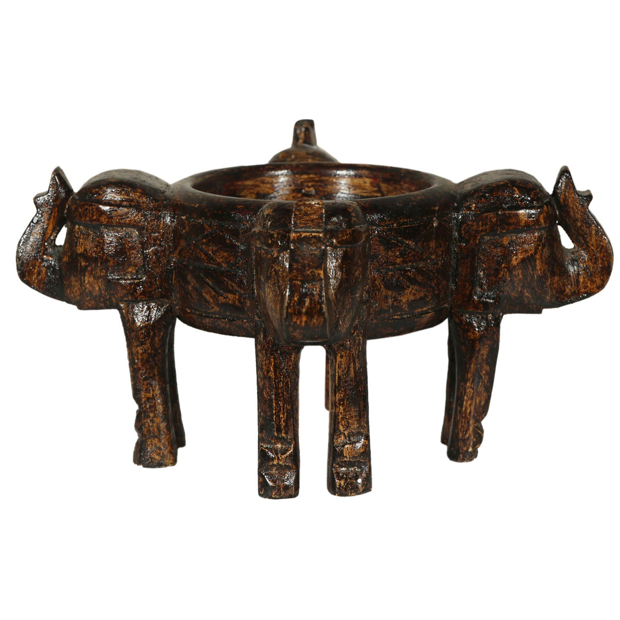 Hand Carved Distressed 4 Elephant Heads Candle Holder