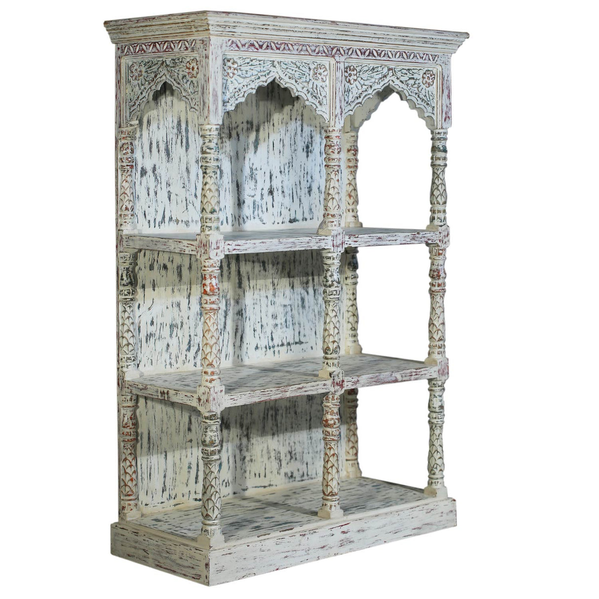 Farmhouse Style White Washed 3 Shelves Arched Solid Wood Display Unit