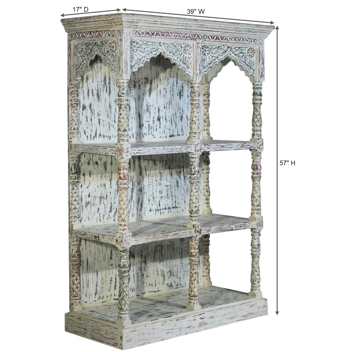 Farmhouse Style White Washed 3 Shelves Arched Solid Wood Display Unit