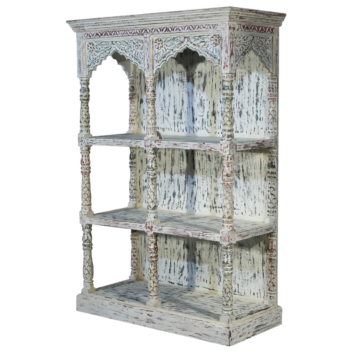 Farmhouse Style White Washed 3 Shelves Arched Solid Wood Display Unit