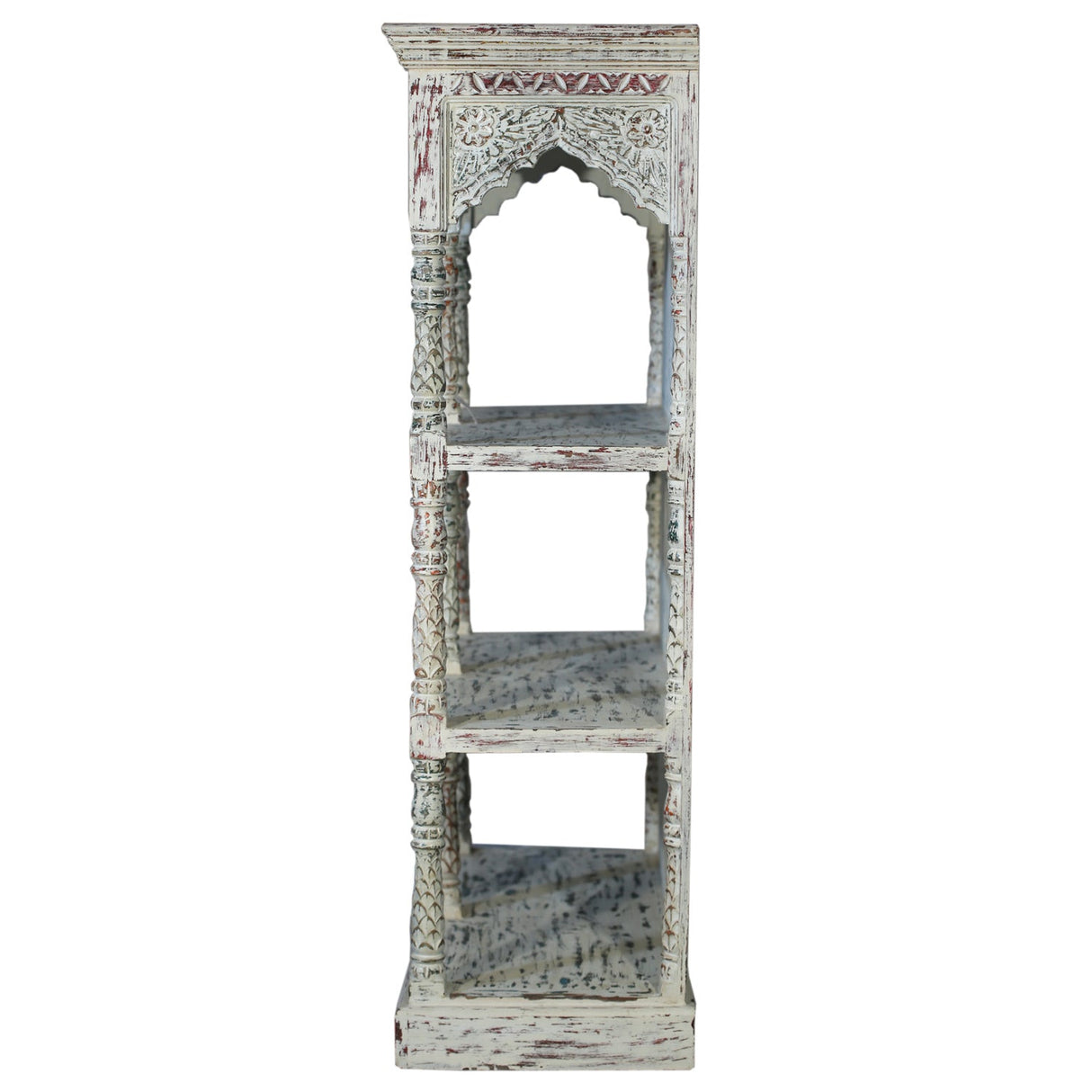 Farmhouse Style White Washed 3 Shelves Arched Solid Wood Display Unit