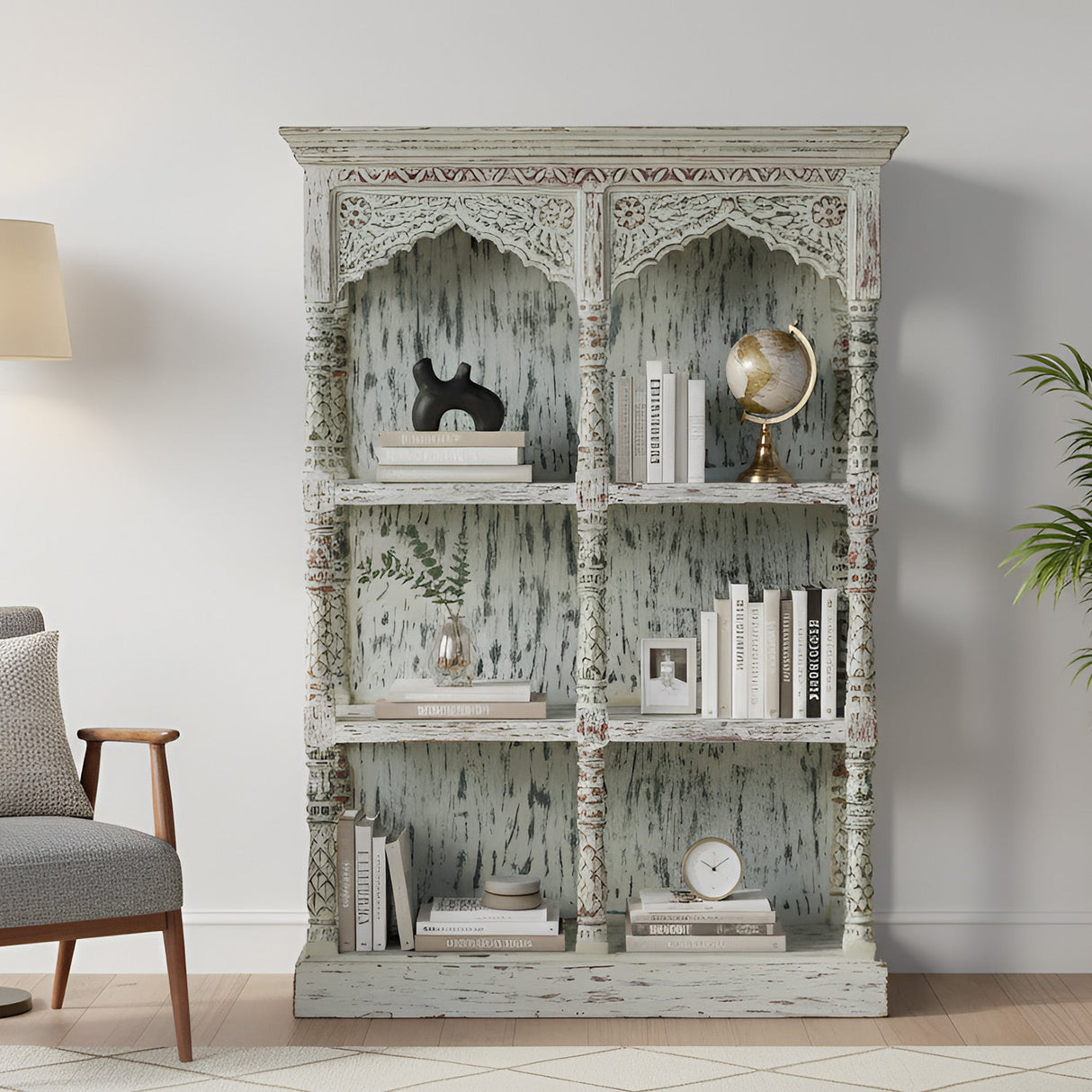 Farmhouse Style White Washed 3 Shelves Arched Solid Wood Display Unit