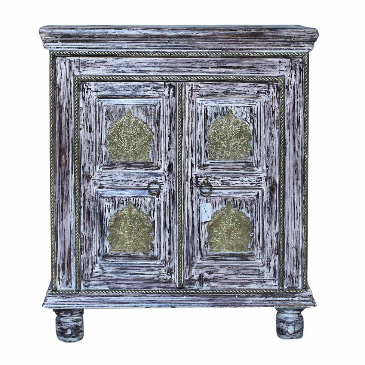 Distressed White 2 Door Small Cabinet With Brass Accents