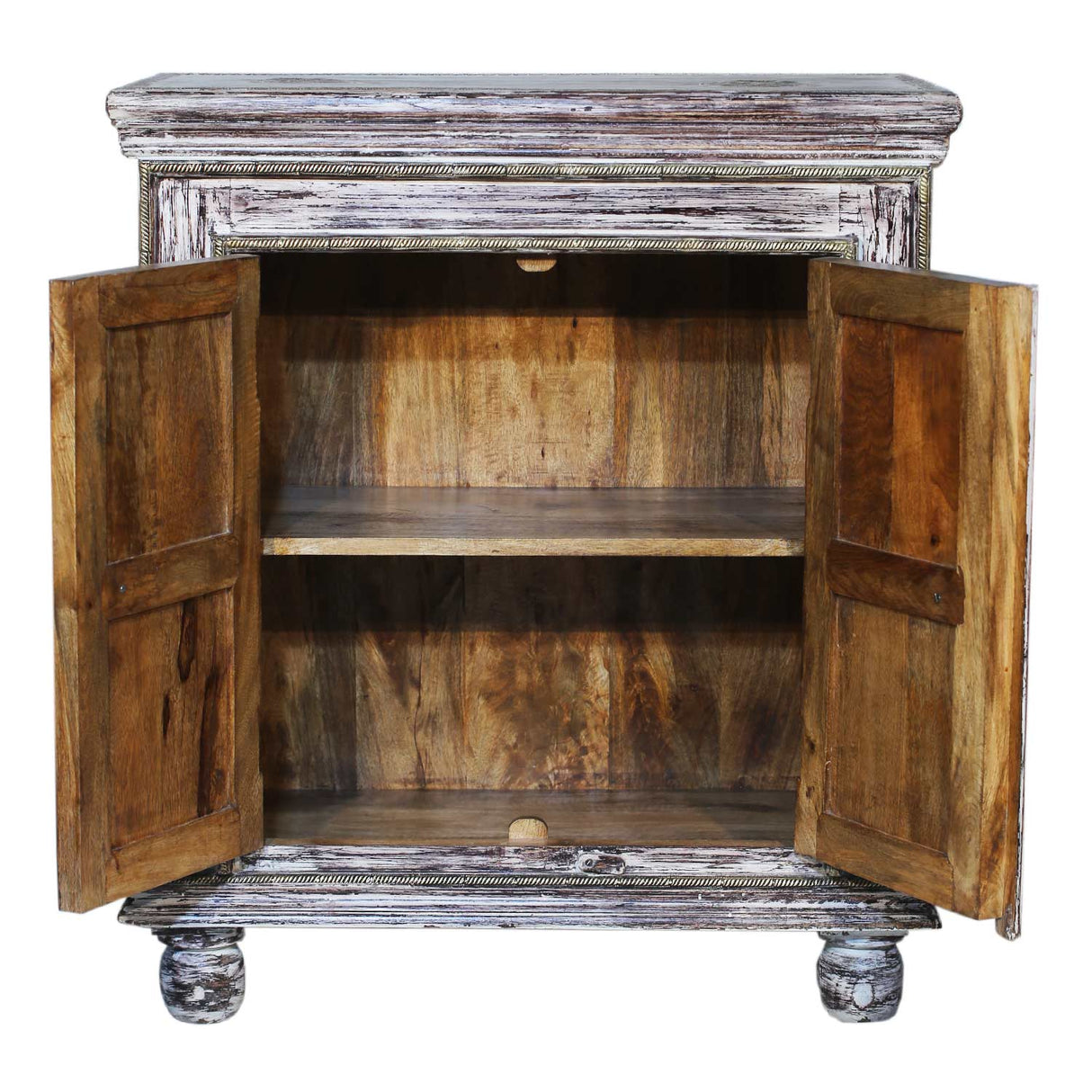 Distressed White 2 Door Small Cabinet With Brass Accents