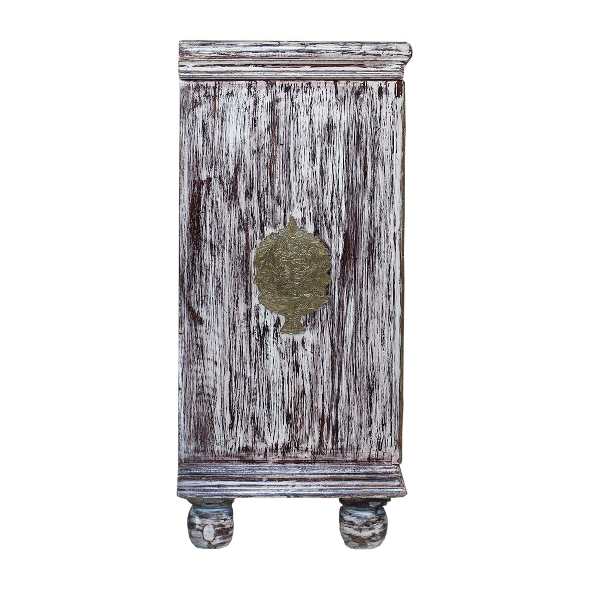 Distressed White 2 Door Small Cabinet With Brass Accents