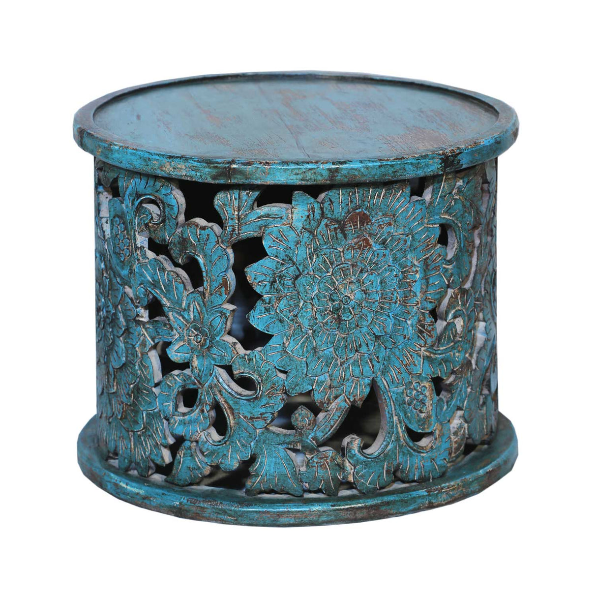 Farmhouse Style Hand Carved Lattice Distressed Blue Round Side Table