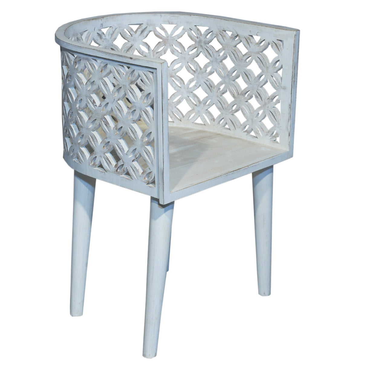 Farmhouse Style Lattice Carved Solid Wood Distressed White Accent Chair