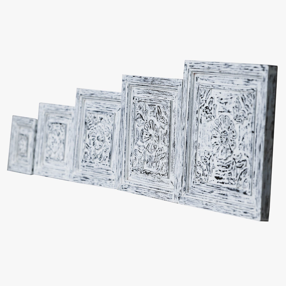 Farmhouse Style Hand Carved Distressed White Solid Wood Panels - Set Of 5