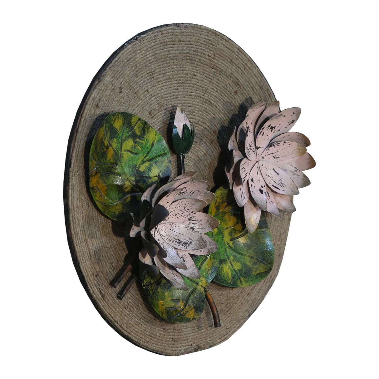 Farmhouse Style Round Wall Art With Rope And Metal Flowers