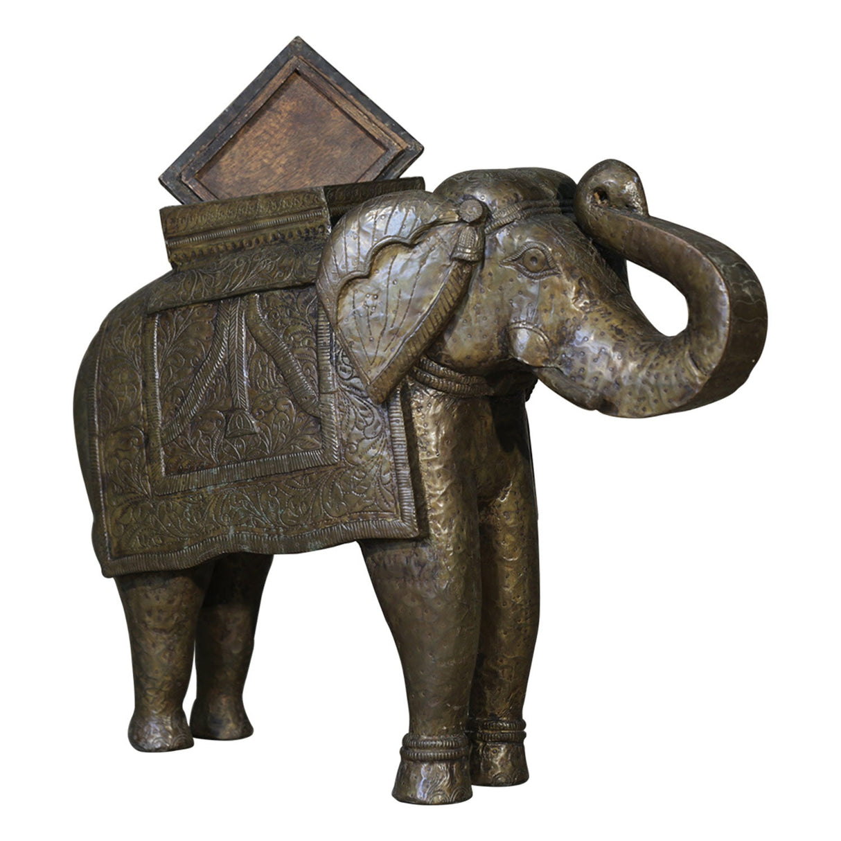 Hand Carved Solid Wood 22" Tall Elephant Statue With Brass Cladding