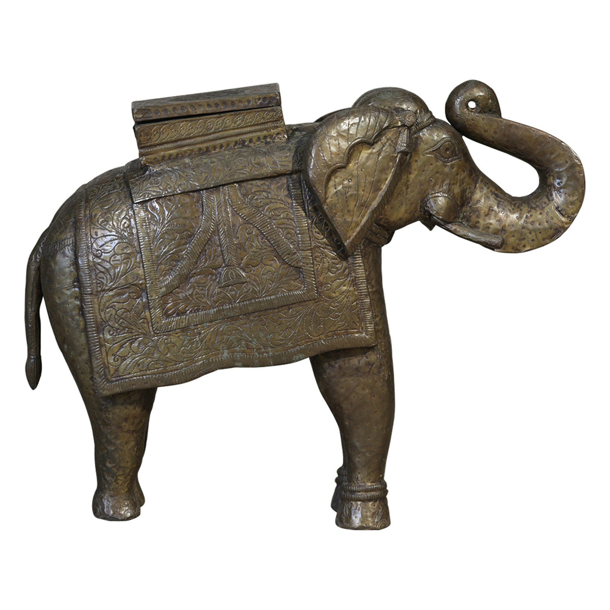 Hand Carved Solid Wood 22" Tall Elephant Statue With Brass Cladding