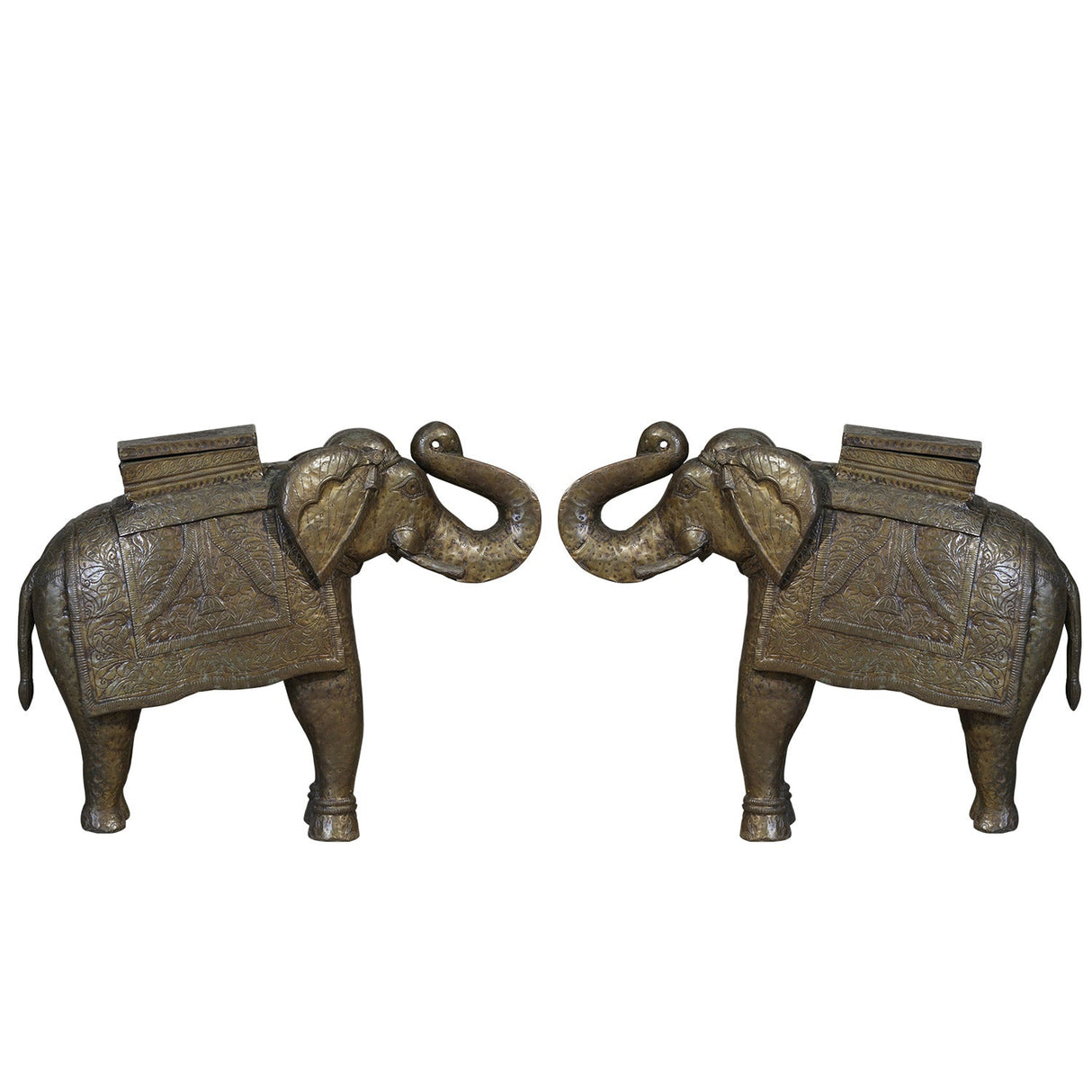 Hand Carved Solid Wood 22" Tall Elephant Statue With Brass Cladding