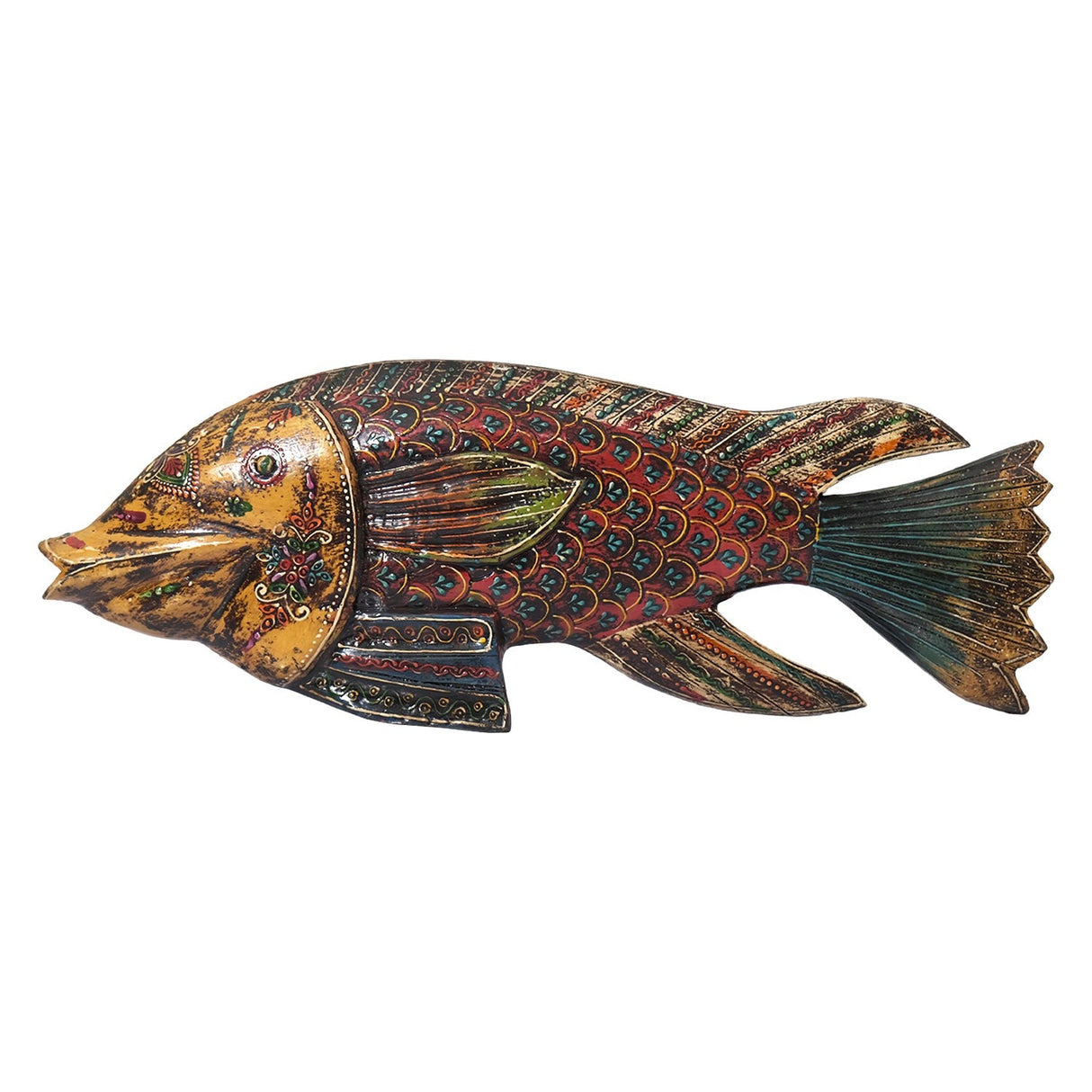 18" Long Wooden Hand Painted Eclectic Fish Decor