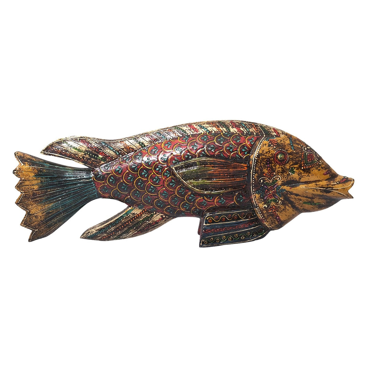 18" Long Wooden Hand Painted Eclectic Fish Decor