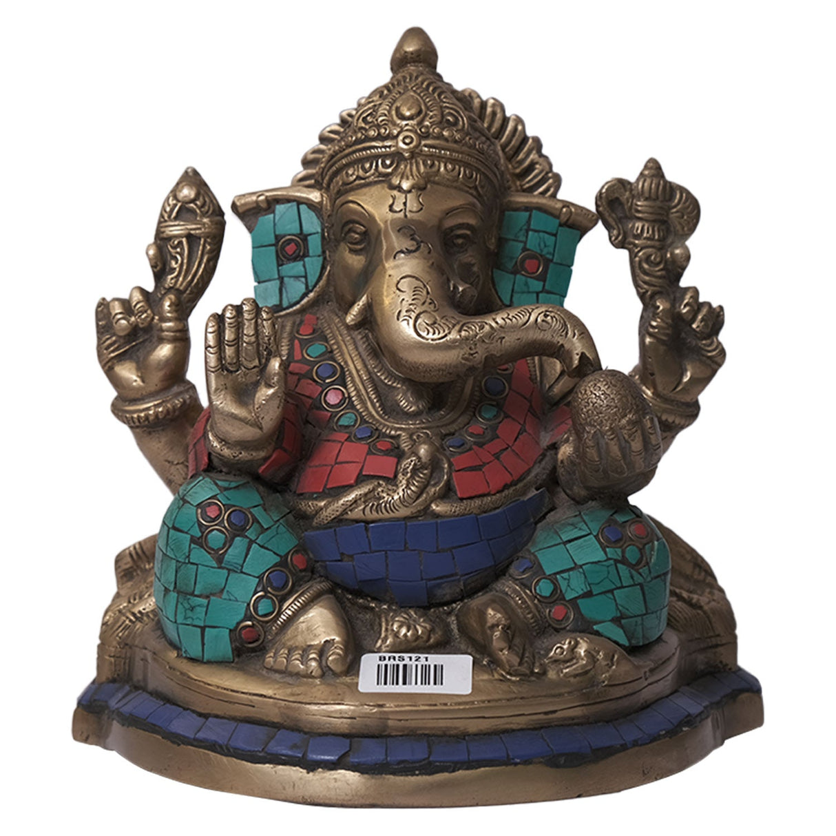 Handmade Brass "Ganesha" Statue With Semi-Preciuos Stone Overlay
