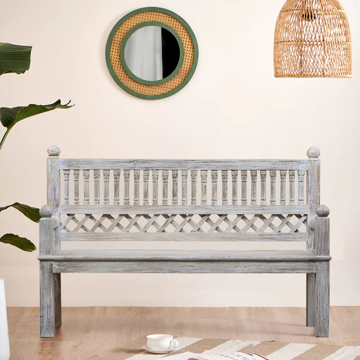 Farmhouse Style White Distressed Finished 3-Seater Solid Wood 63" Long Bench