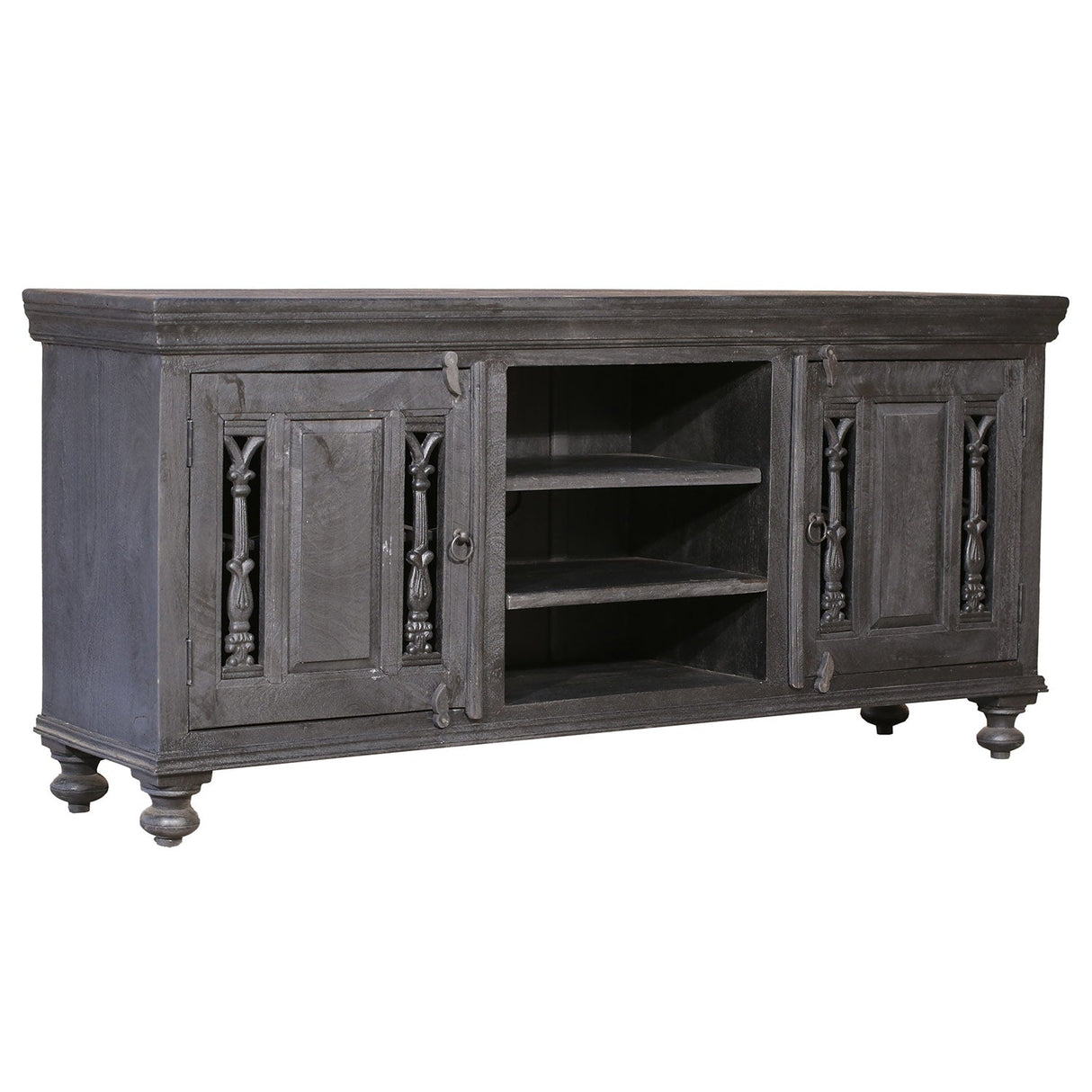 Distressed Ash Gray Finish Media Console With Grill Accents