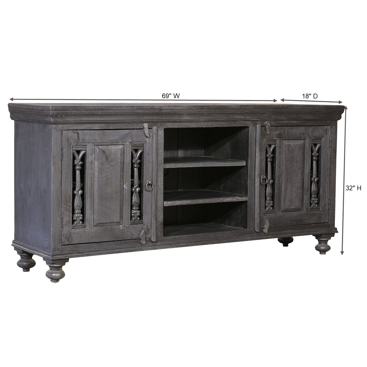 Distressed Ash Gray Finish Media Console With Grill Accents