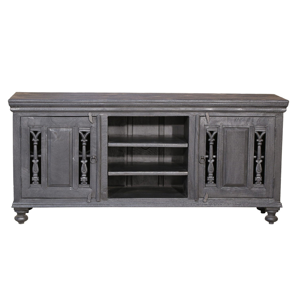 Distressed Ash Gray Finish Media Console With Grill Accents