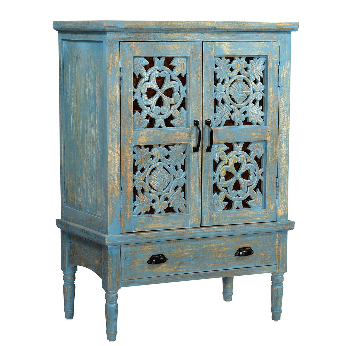 Farmhouse Style Lattice Carved Solid Wood 32" Wide 2 Door Storage Cabinet