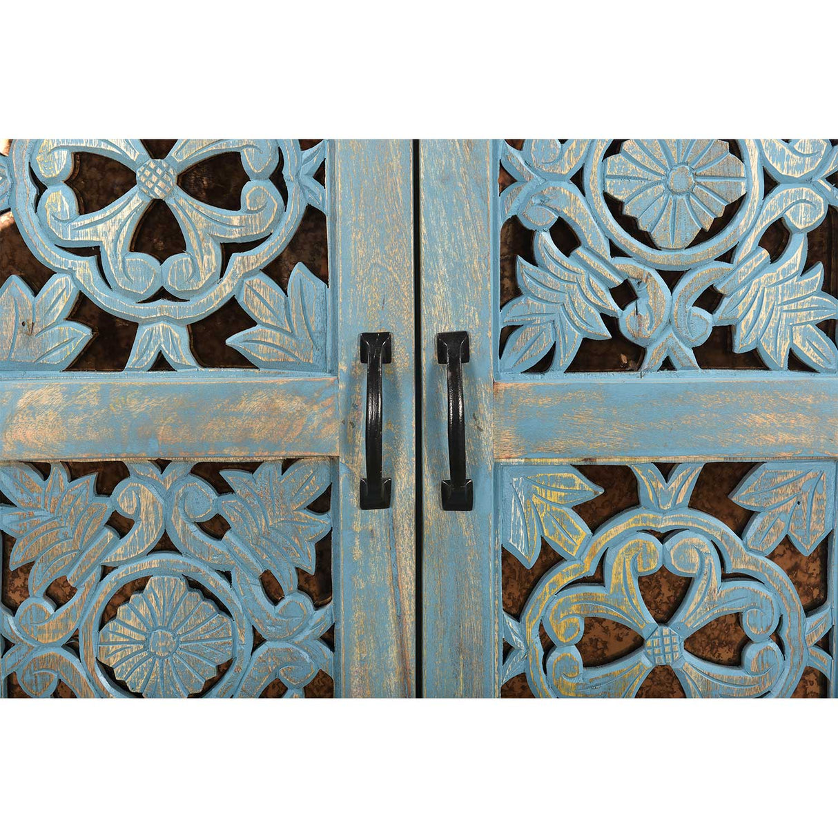 Farmhouse Style Lattice Carved Solid Wood 32" Wide 2 Door Storage Cabinet