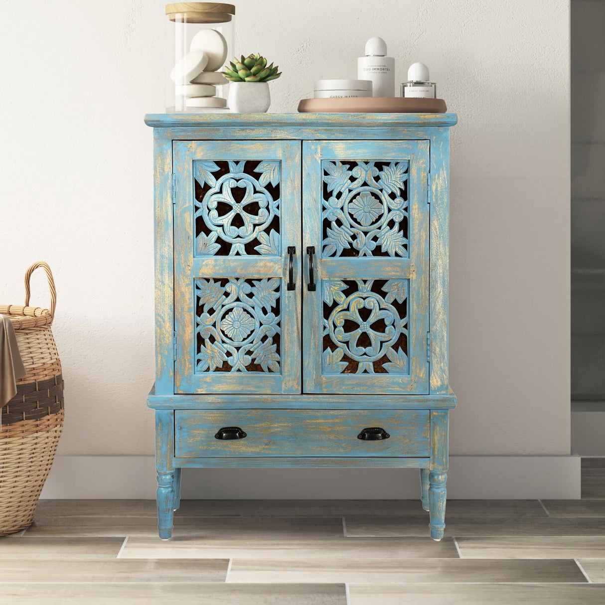Farmhouse Style Lattice Carved Solid Wood 32" Wide 2 Door Storage Cabinet