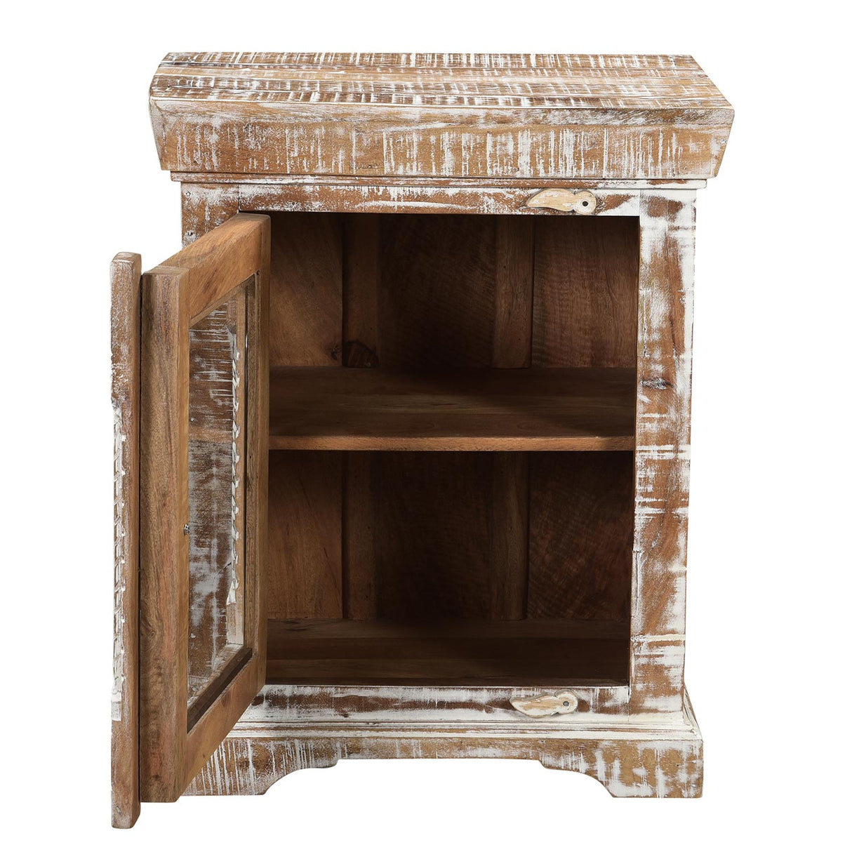 Farmhouse Style Solid Wood Carved Distressed White Nightstand With Glass Door