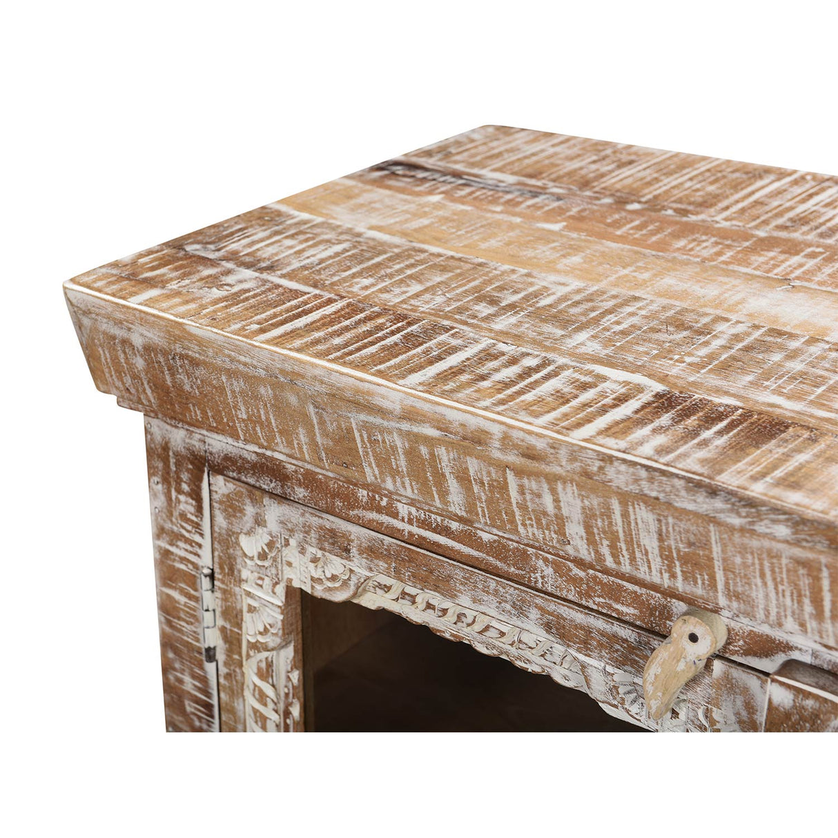 Farmhouse Style Solid Wood Carved Distressed White Nightstand With Glass Door