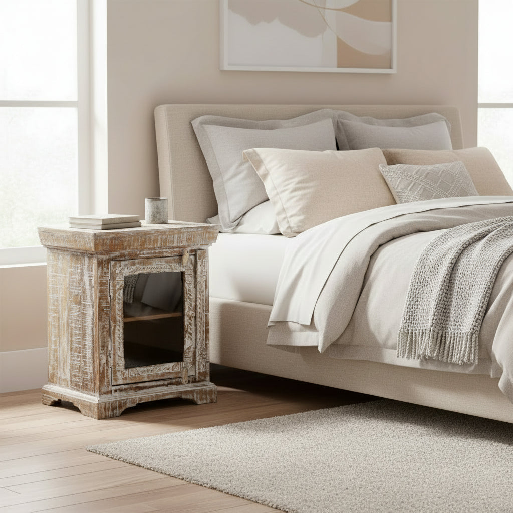 Farmhouse Style Solid Wood Carved Distressed White Nightstand With Glass Door