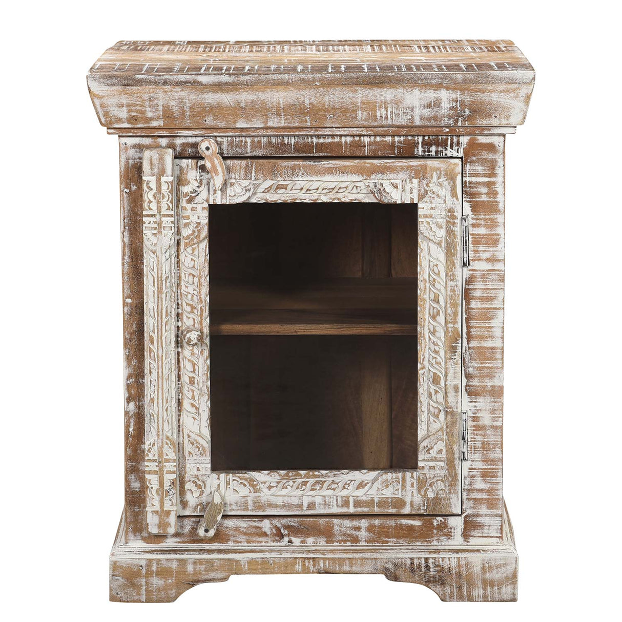 Farmhouse Style Solid Wood Carved Distressed White Nightstand With Glass Door