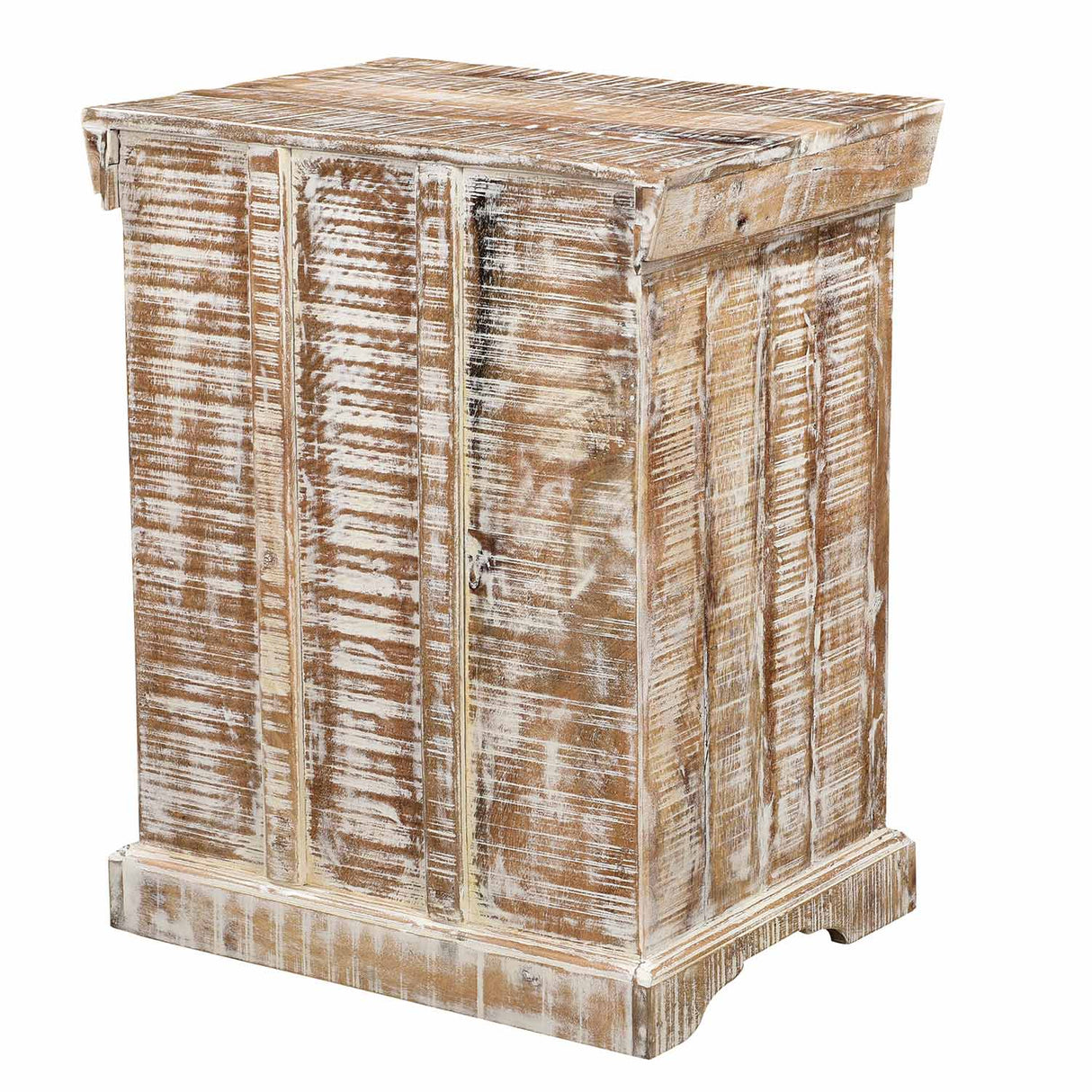 Farmhouse Style Solid Wood Carved Distressed White Nightstand With Glass Door