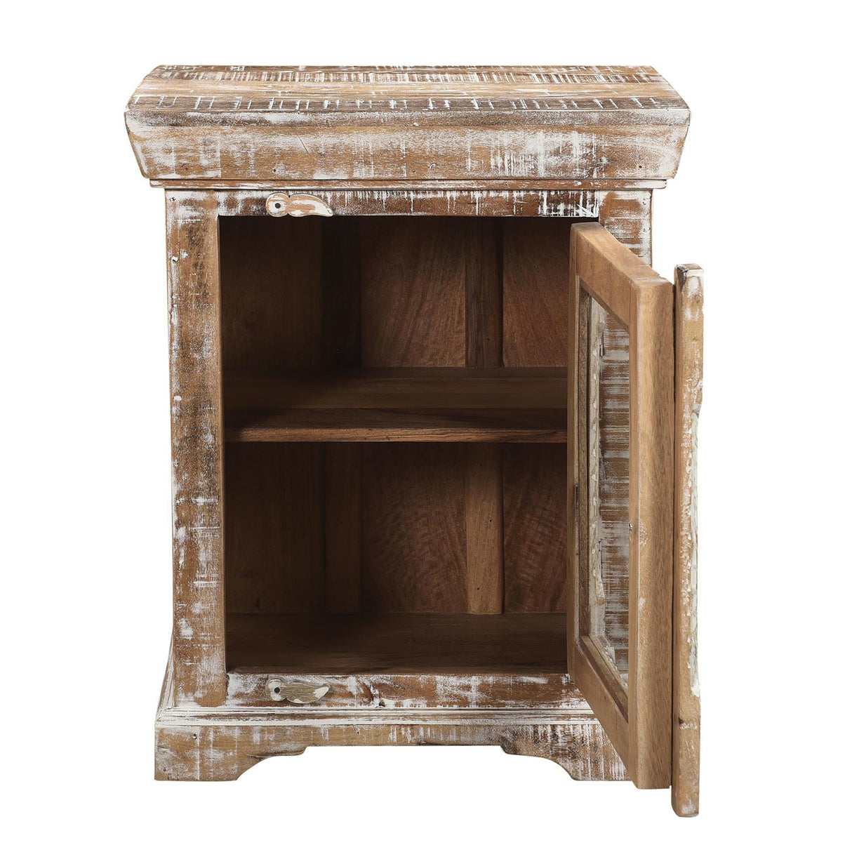 Farmhouse Style Solid Wood Carved Distressed White Nightstand With Glass Door