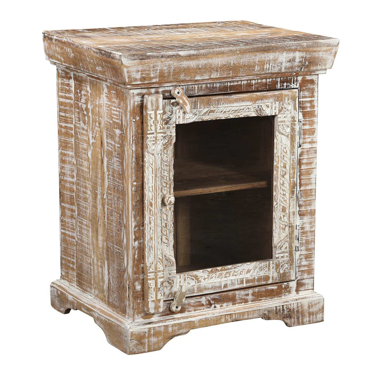 Farmhouse Style Solid Wood Carved Distressed White Nightstand With Glass Door