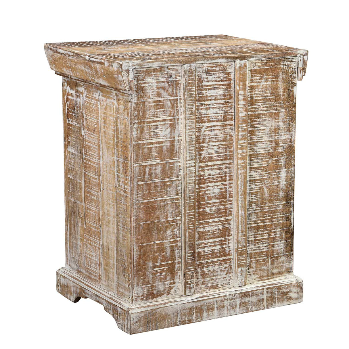 Farmhouse Style Solid Wood Carved Distressed White Nightstand With Glass Door