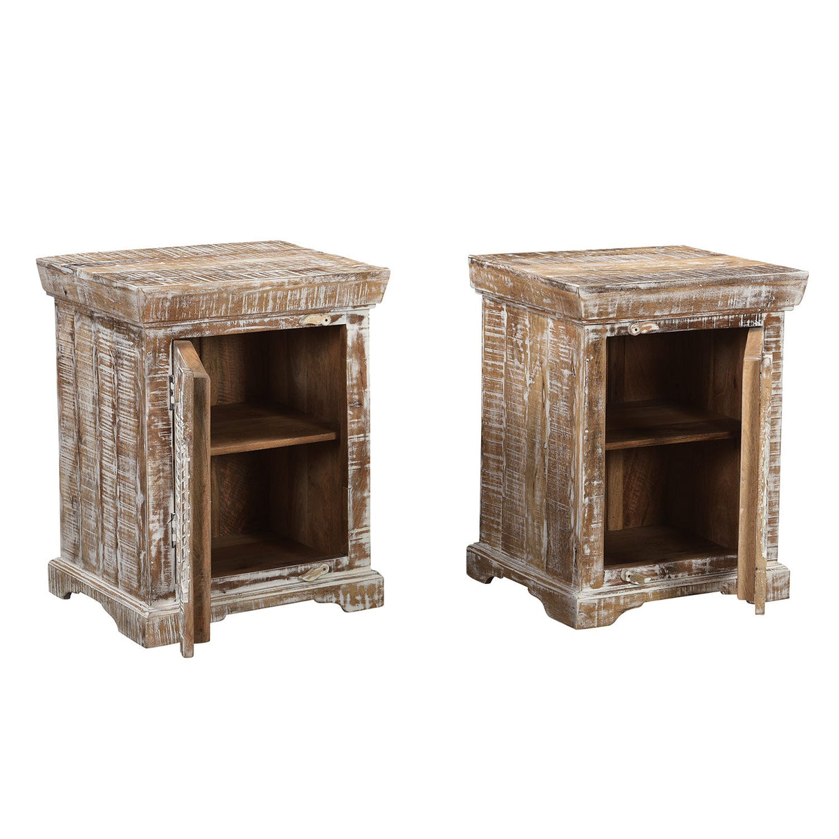 Farmhouse Style Solid Wood Carved Distressed White Nightstand With Glass Door