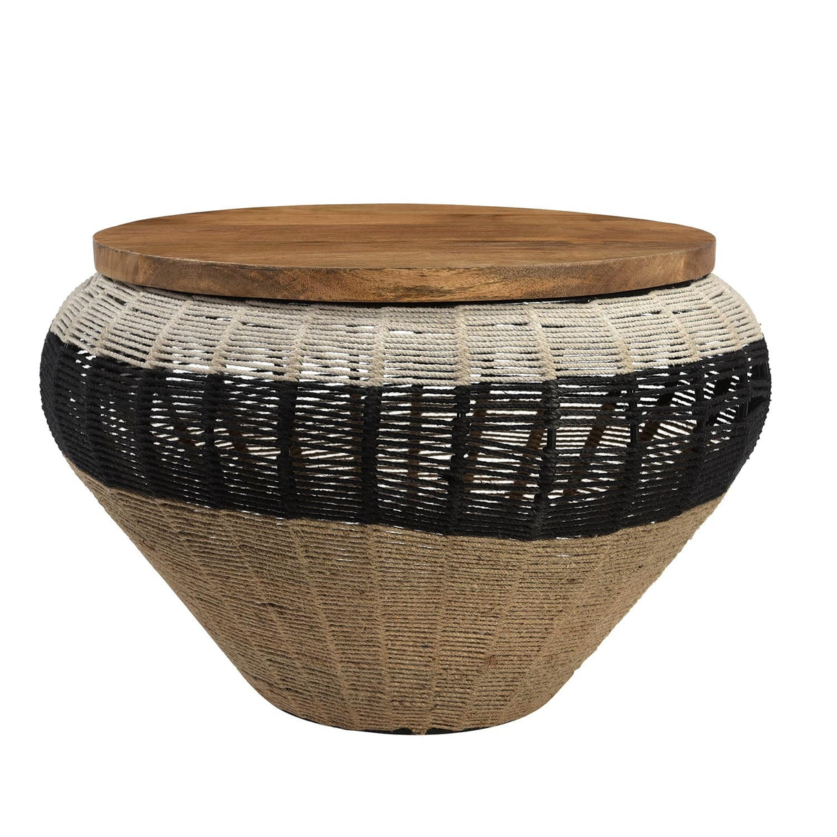 Farmhouse Style Woven Rope And Wood 30" Round Coffee Table