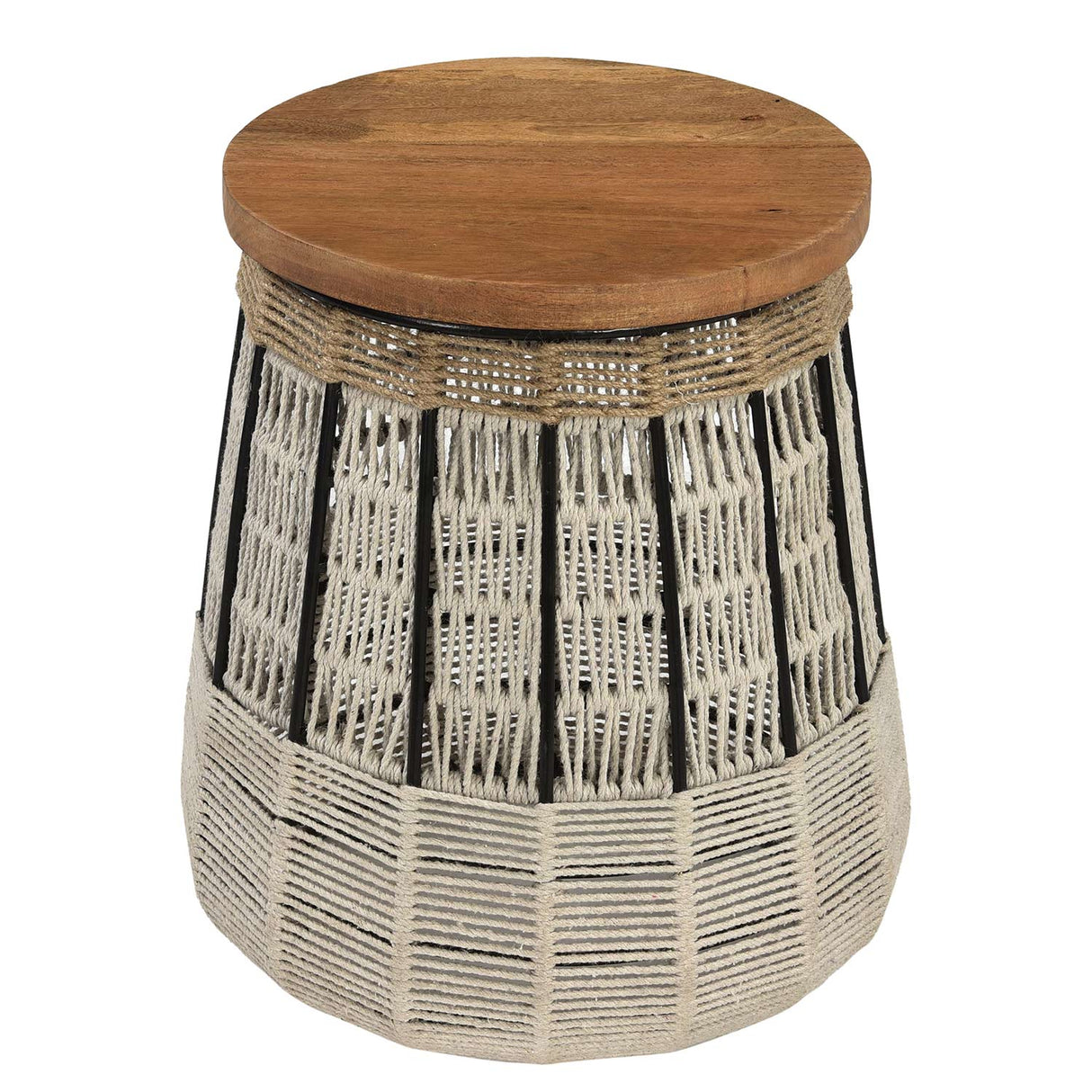 Farmhouse Style Woven Rope And Wood Round End Table