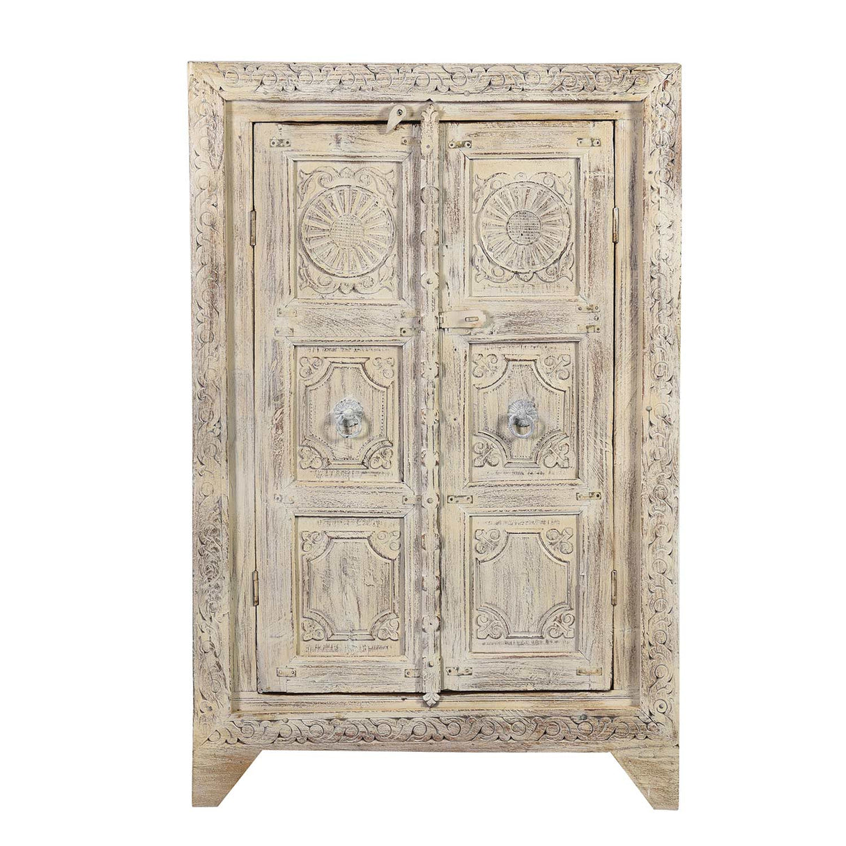 Farmhouse Style Distressed White 2 Door Carved Cabinet