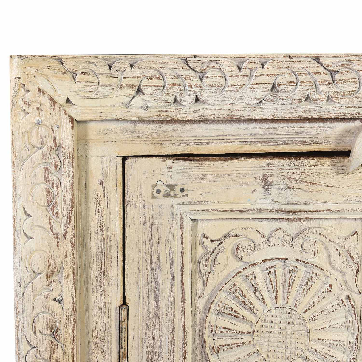 Farmhouse Style Distressed White 2 Door Carved Cabinet