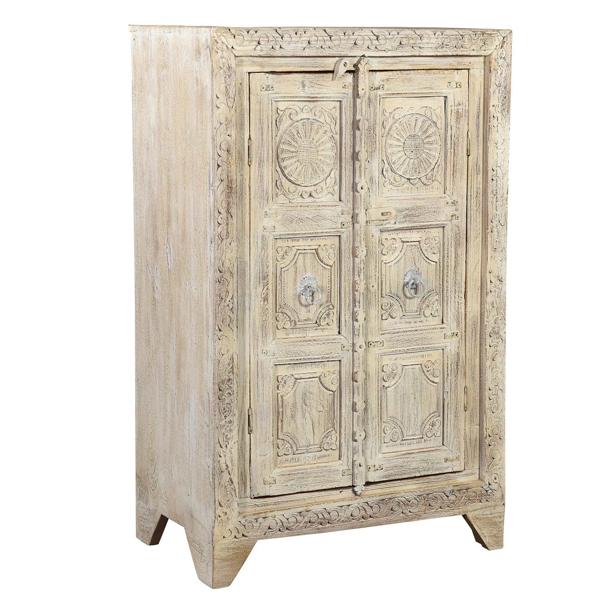 Farmhouse Style Distressed White 2 Door Carved Cabinet