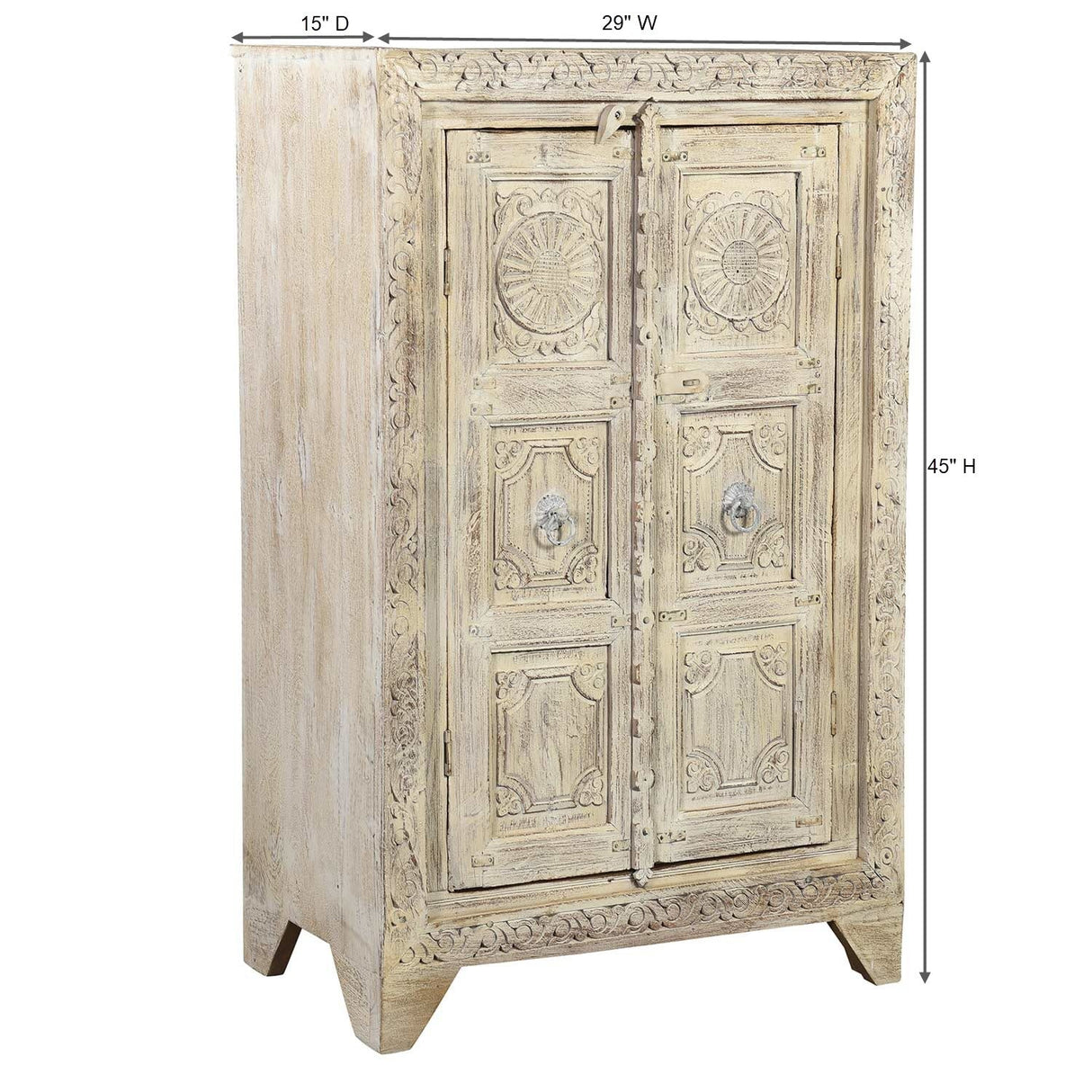 Farmhouse Style Distressed White 2 Door Carved Cabinet